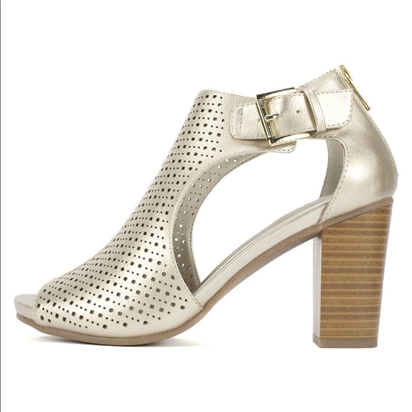 Metallic Gold Perforated Block Heel Peep Toe Boots - Picture 7 of 7